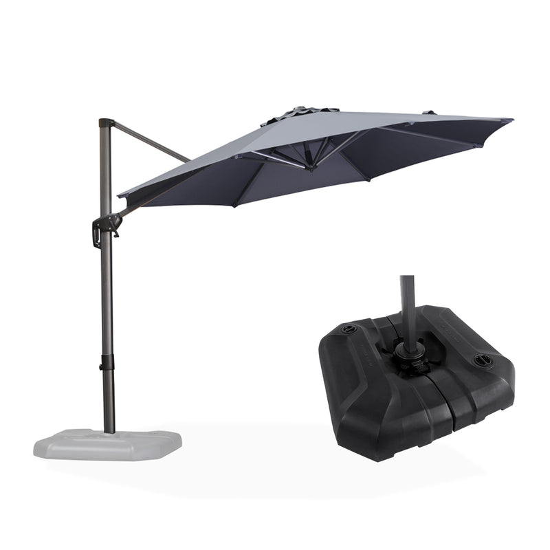 Grey cantilever patio umbrella with base. Patio shade solution with UV protection.