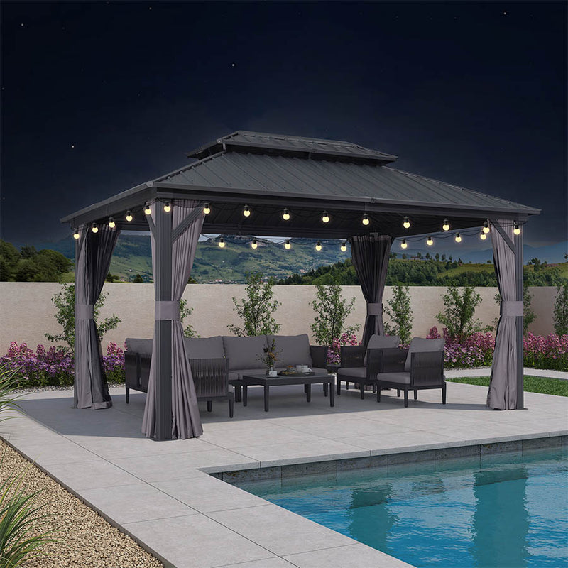 PURPLE LEAF Grey Hardtop Gazebo with Heavy Duty Galvanized Steel Double Roof with String Lights