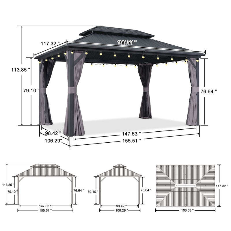 PURPLE LEAF Grey Hardtop Gazebo with Heavy Duty Galvanized Steel Double Roof with String Lights