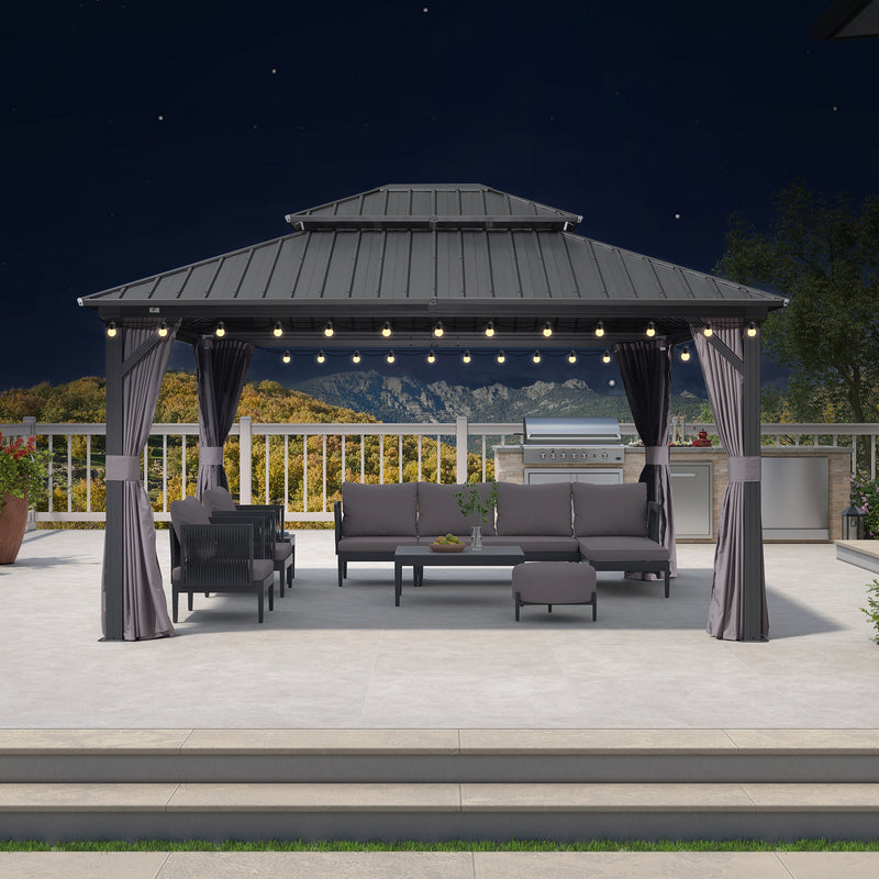 PURPLE LEAF Grey Hardtop Gazebo with Heavy Duty Galvanized Steel Double Roof with String Lights