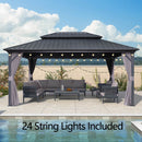 PURPLE LEAF Grey Hardtop Gazebo with Heavy Duty Galvanized Steel Double Roof with String Lights