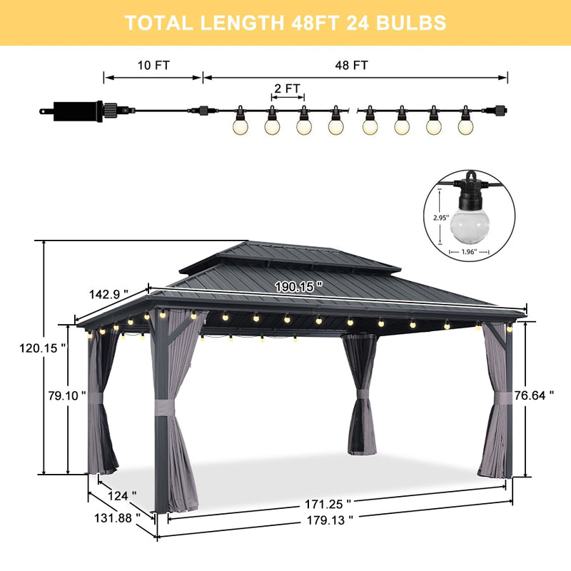 PURPLE LEAF Grey Hardtop Gazebo with Heavy Duty Galvanized Steel Double Roof with String Lights