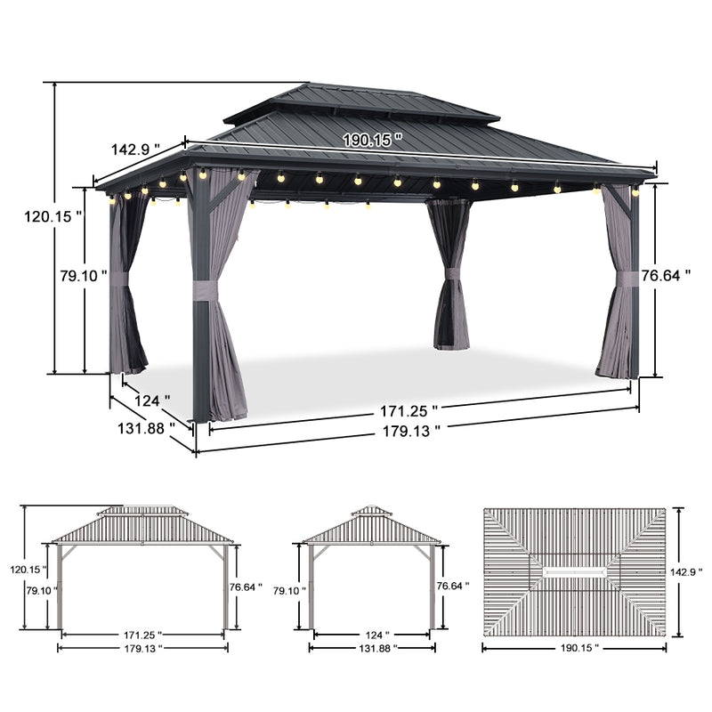 PURPLE LEAF Grey Hardtop Gazebo with Heavy Duty Galvanized Steel Double Roof with String Lights