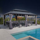 PURPLE LEAF Grey Hardtop Gazebo with Heavy Duty Galvanized Steel Double Roof with String Lights