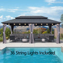 PURPLE LEAF Grey Hardtop Gazebo with Heavy Duty Galvanized Steel Double Roof with String Lights