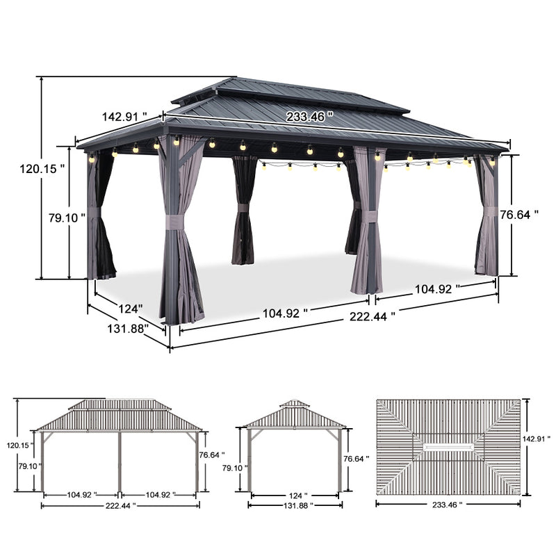 PURPLE LEAF Grey Hardtop Gazebo with Heavy Duty Galvanized Steel Double Roof with String Lights