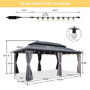 PURPLE LEAF Grey Hardtop Gazebo with Heavy Duty Galvanized Steel Double Roof with String Lights