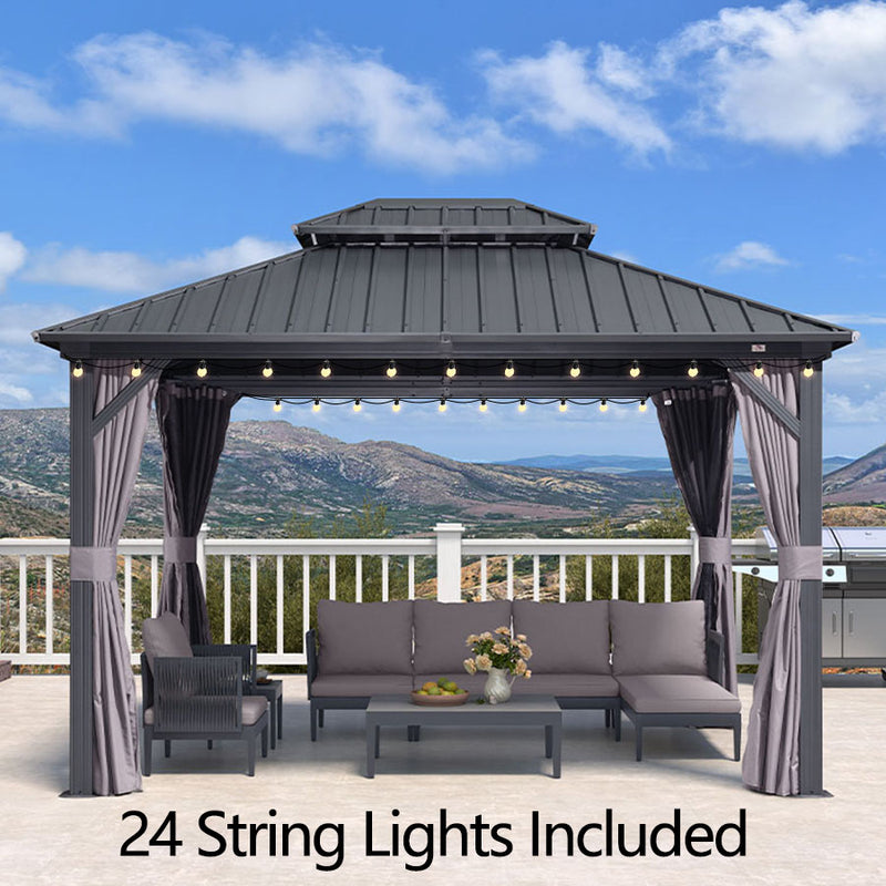 PURPLE LEAF Grey Hardtop Gazebo with Heavy Duty Galvanized Steel Double Roof with String Lights