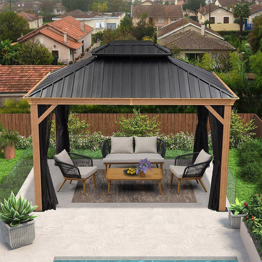screened-in wood grain frame gazebo for bug protection
