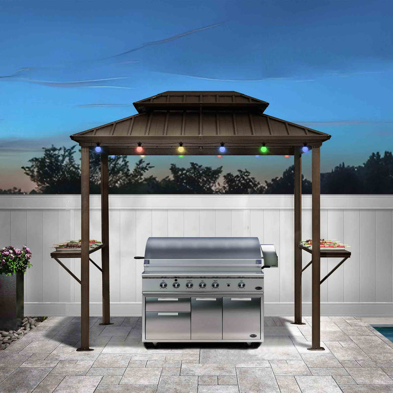 PURPLE LEAF Hardtop Grill Gazebo for Patio Bronze Permanent Metal Roof Outside Sun Shade Outdoor BBQ Canopy with String Lights