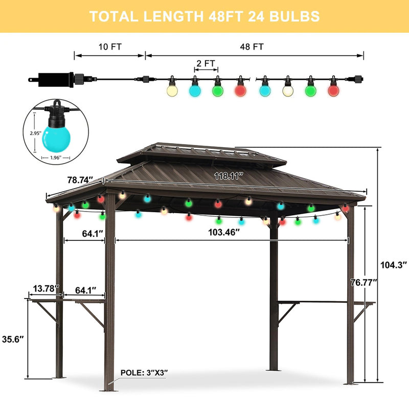 PURPLE LEAF Hardtop Grill Gazebo for Patio Bronze Permanent Metal Roof Outside Sun Shade Outdoor BBQ Canopy with String Lights