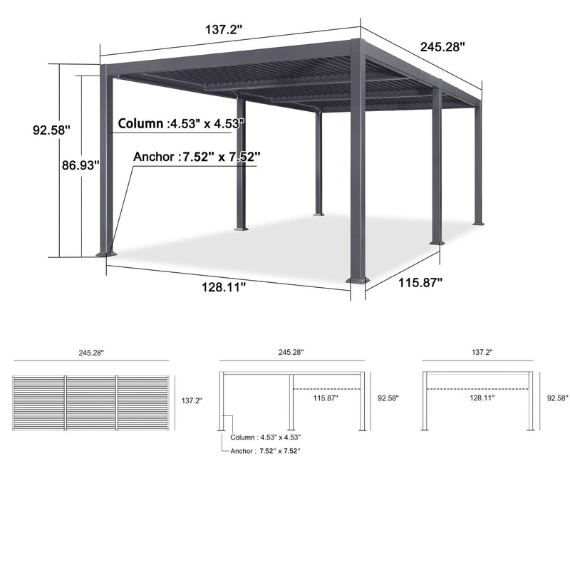 PURPLE LEAF Louvered Pergola 11.4' x 20.4' Outdoor Aluminum Pergola with Adjustable Roof for Deck Backyard Garden Grey Hardtop Gazebo - Purple Leaf Garden