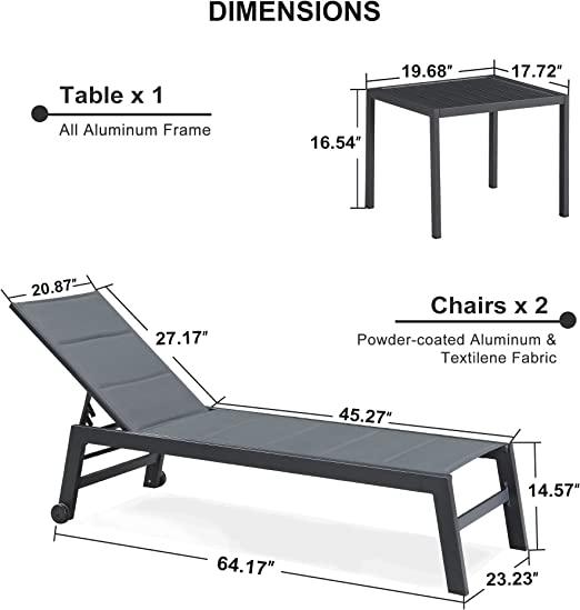 PURPLE LEAF Outdoor Aluminum Chaise Lounge Set of 3 with Wheels and Side Table for Outdoor Backyard Poolside - Purple Leaf Garden