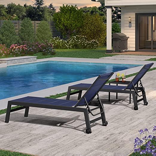 PURPLE LEAF Outdoor Aluminum Chaise Lounge Set of 3 with Wheels and Side Table for Outdoor Backyard Poolside - Purple Leaf Garden