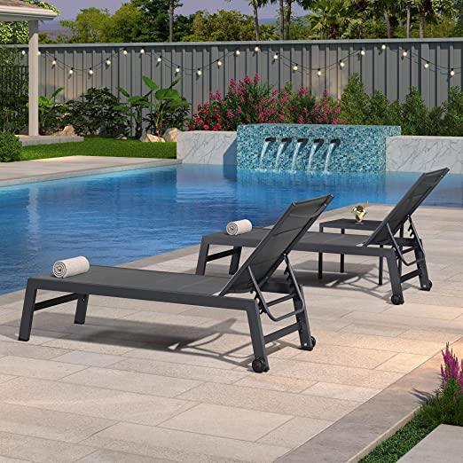 PURPLE LEAF Outdoor Aluminum Chaise Lounge Set of 3 with Wheels and Side Table for Outdoor Backyard Poolside - Purple Leaf Garden