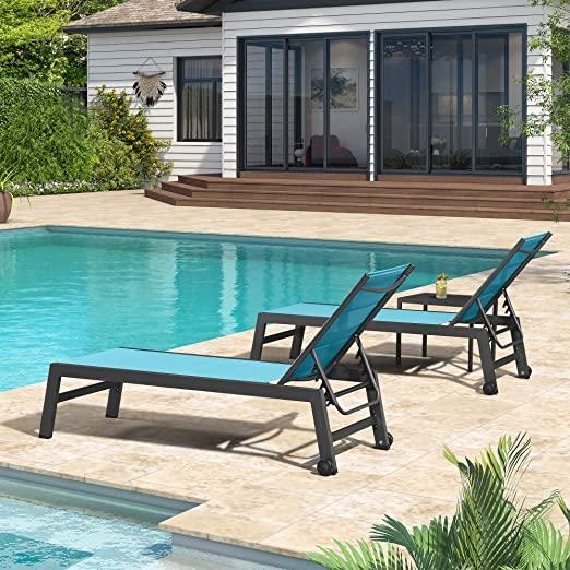 PURPLE LEAF Outdoor Aluminum Chaise Lounge Set of 3 with Wheels and Side Table for Outdoor Backyard Poolside - Purple Leaf Garden