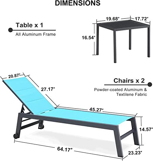 PURPLE LEAF Outdoor Aluminum Chaise Lounge Set of 3 with Wheels and Side Table for Outdoor Backyard Poolside - Purple Leaf Garden