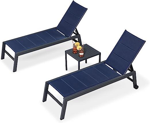 PURPLE LEAF Outdoor Aluminum Chaise Lounge Set of 3 with Wheels and Side Table for Outdoor Backyard Poolside - Purple Leaf Garden