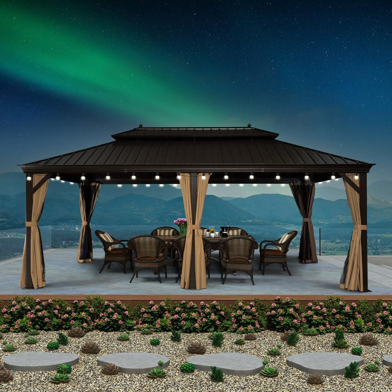 PURPLE LEAF Outdoor Hardtop Gazebo for Garden Bronze Double Roof Aluminum Frame Pavilion with String Lights - Purple Leaf Garden