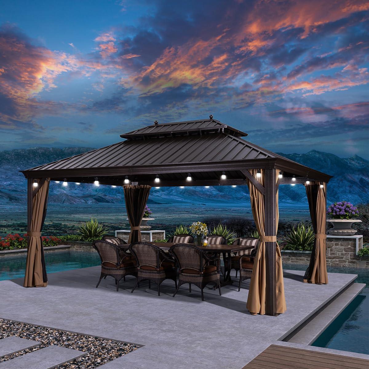 Bronze Double Roof Gazebo with Lights | Grand Aluminum Pavilion