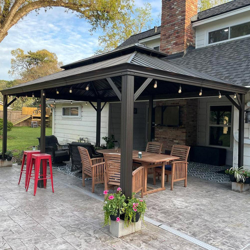 PURPLE LEAF Outdoor Hardtop Gazebo for Garden Bronze Double Roof Aluminum Frame Pavilion with String Lights - Purple Leaf Garden