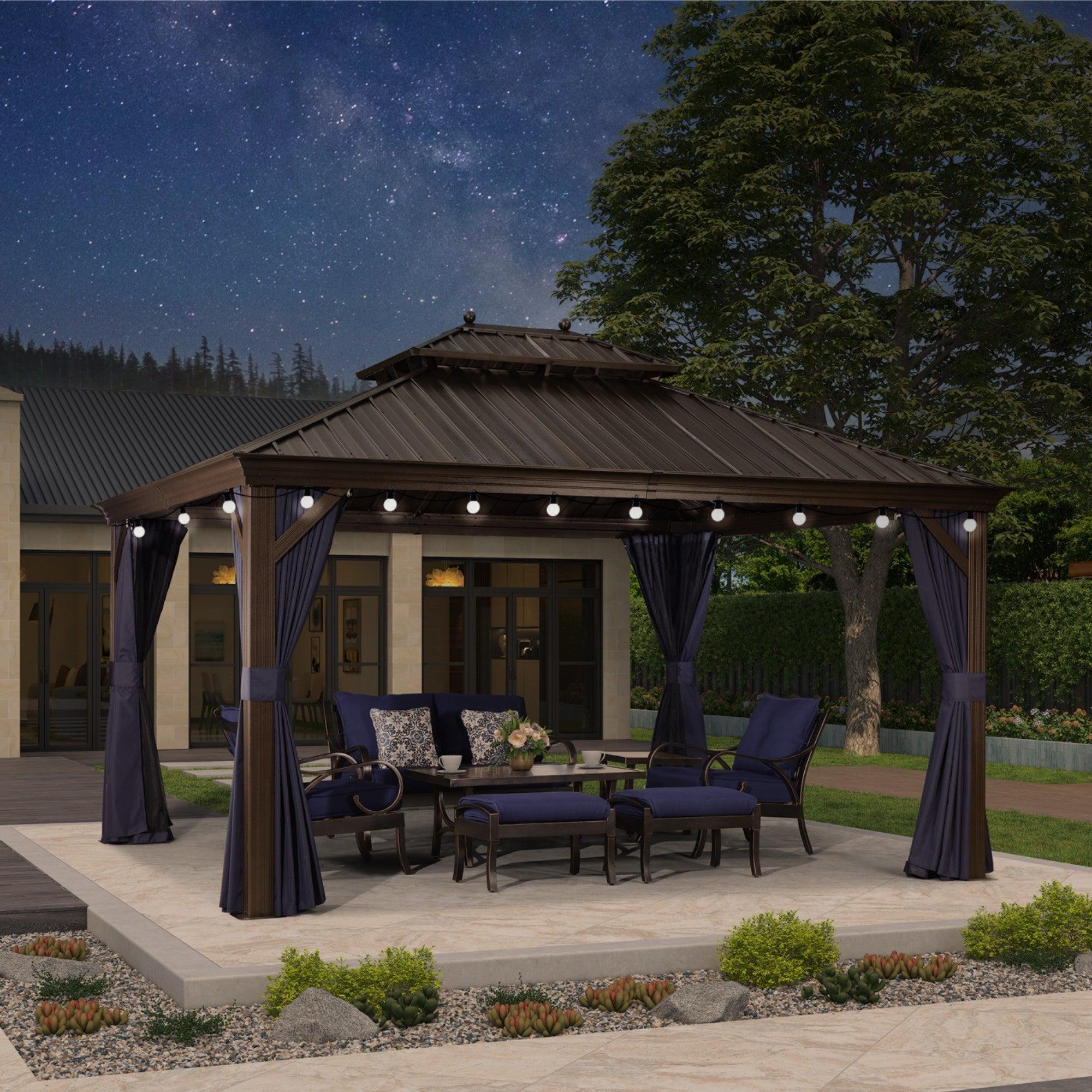 Bronze Aluminum Frame Hardtop Gazebo | Navy Curtains