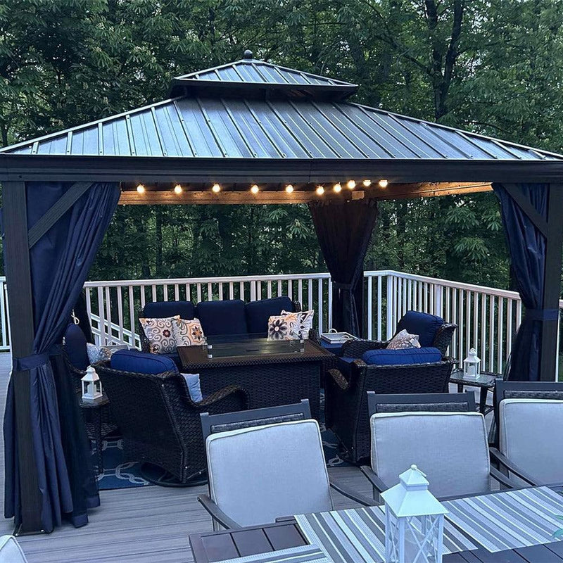 PURPLE LEAF Outdoor Hardtop Gazebo for Patio Bronze Aluminum Frame Pavilion with Navy-Blue Curtain and String Lights - Purple Leaf Garden