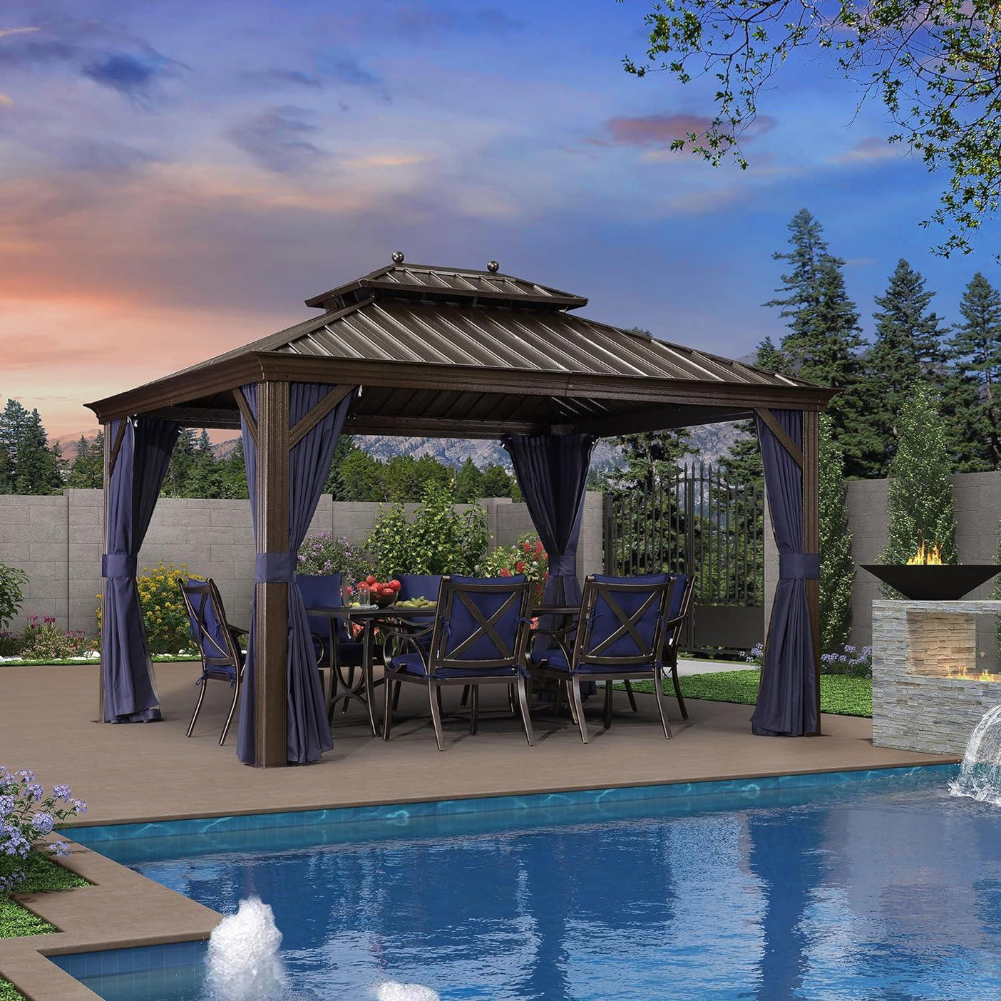 bronze gazebo with outdoor kitchen setup