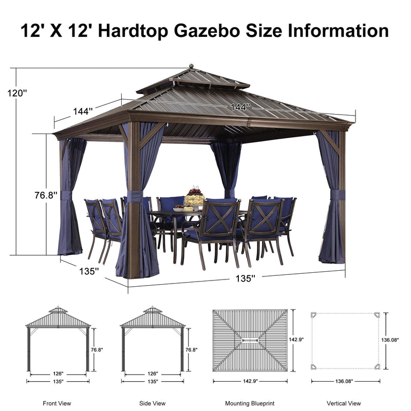 PURPLE LEAF Outdoor Hardtop Gazebo for Patio Bronze Aluminum Frame Pavilion with Navy-Blue Curtain - Purple Leaf Garden