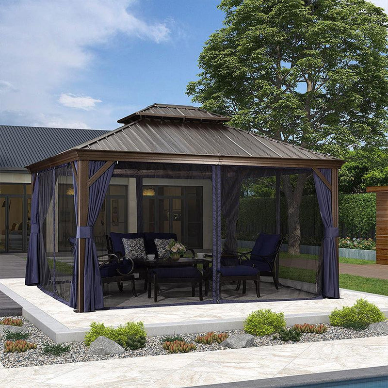 PURPLE LEAF Outdoor Hardtop Gazebo For Patio Bronze Aluminum Frame Pavilion With Navy-Blue Curtain - Purple Leaf Garden