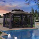 PURPLE LEAF Outdoor Hardtop Gazebo For Patio Bronze Aluminum Frame Pavilion With Navy-Blue Curtain - Purple Leaf Garden