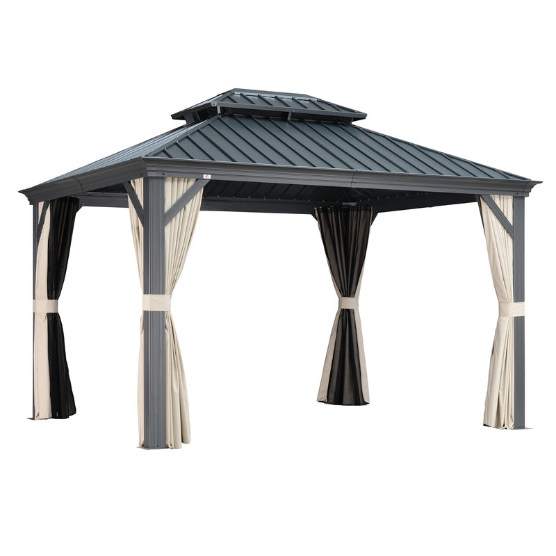 PURPLE LEAF Outdoor Hardtop Gazebo for Patio Grey Aluminum Frame Pavilion with Khaki curtains