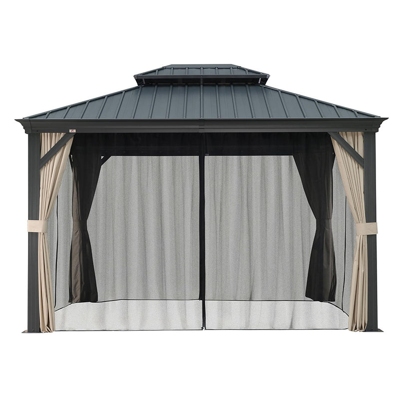 PURPLE LEAF Outdoor Hardtop Gazebo for Patio Grey Aluminum Frame Pavilion with Khaki curtains