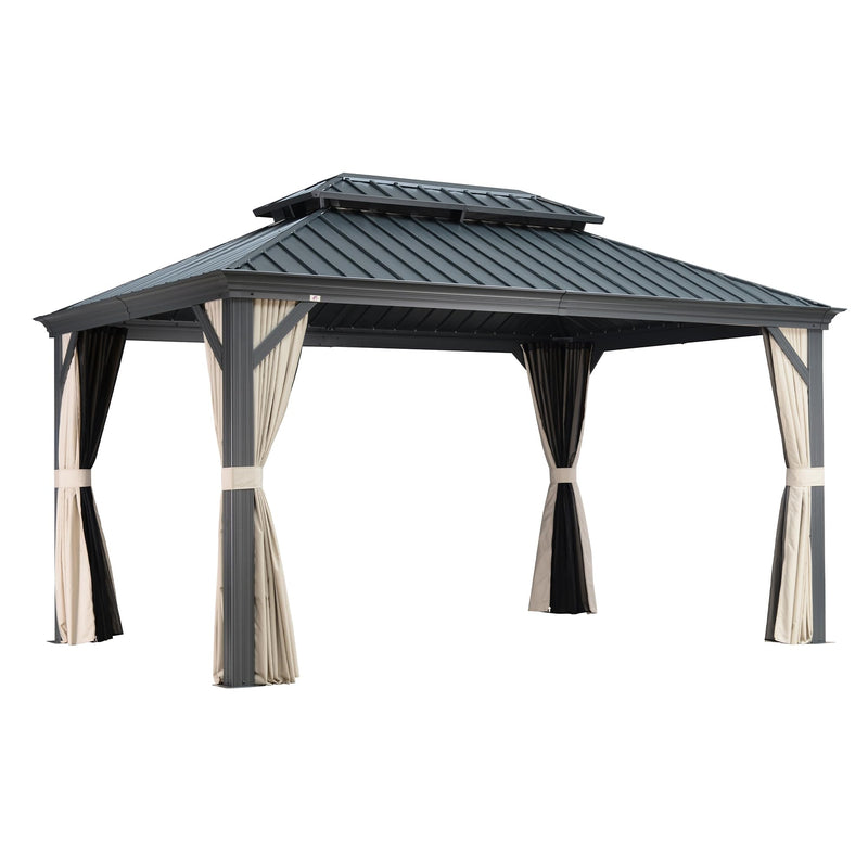 PURPLE LEAF Outdoor Hardtop Gazebo for Patio Grey Aluminum Frame Pavilion with Khaki curtains