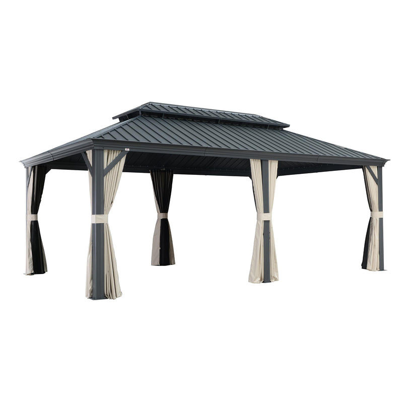 PURPLE LEAF Outdoor Hardtop Gazebo for Patio Grey Aluminum Frame Pavilion with Khaki curtains