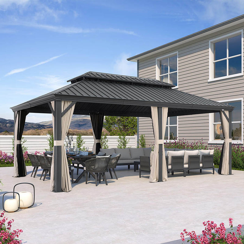 PURPLE LEAF Outdoor Hardtop Gazebo for Patio Grey Aluminum Frame Pavilion with Khaki curtains