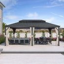 PURPLE LEAF Outdoor Hardtop Gazebo for Patio Grey Aluminum Frame Pavilion with Khaki curtains