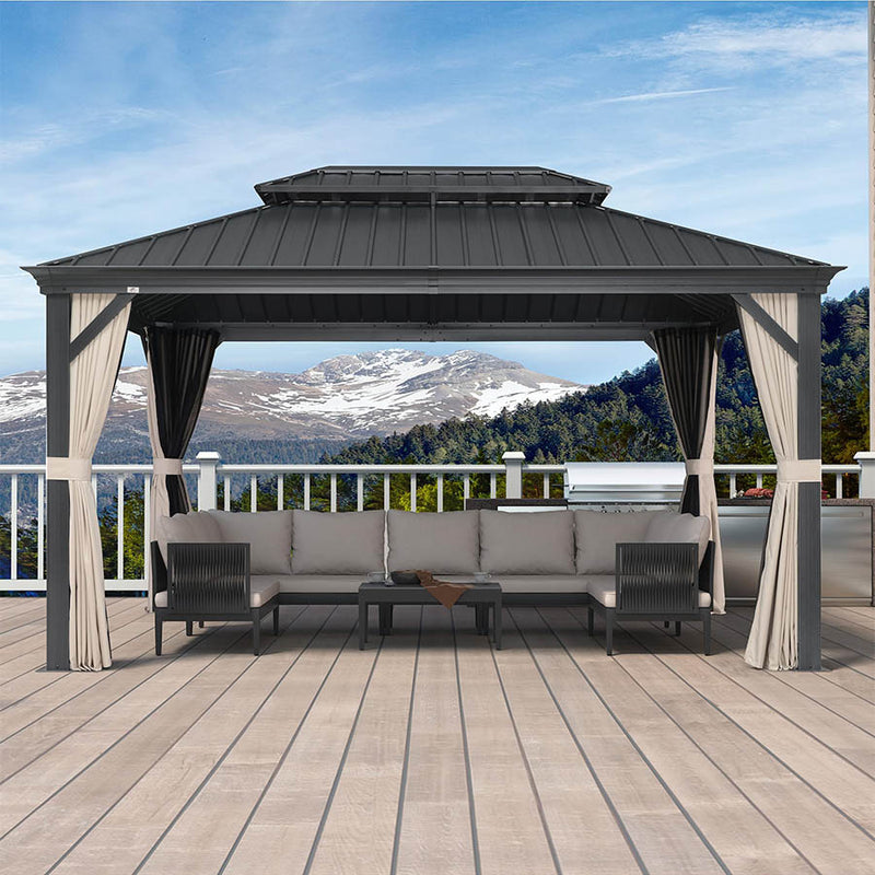 PURPLE LEAF Outdoor Hardtop Gazebo for Patio Grey Aluminum Frame Pavilion with Khaki curtains