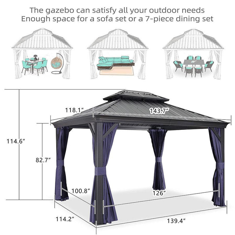 PURPLE LEAF Outdoor Hardtop Gazebo for Patio Grey Aluminum Frame Pavilion with Navy-Blue Curtain - Purple Leaf Garden