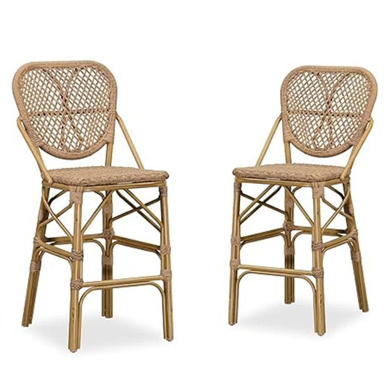PURPLE LEAF counter stools set of 2 with white background, woven barstools made of high quality PE rattan material, good waterproof performance, imitation bamboo double tube aluminum alloy frame, sturdy and stable, brown backrests.