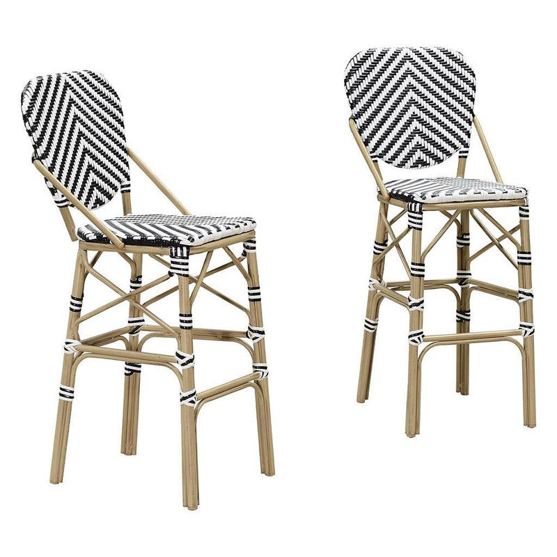 PURPLE LEAF bar stools set of 2 in White, woven bar stools made of high quality PE rattan material, good waterproof performance, imitation bamboo double-tube aluminum alloy frame, sturdy and stable, black and white striped backrests.