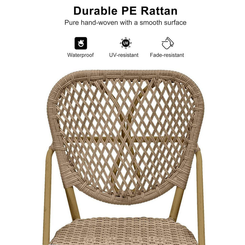 PURPLE LEAF counter stools set of 2, woven bar stools made of high quality PE rattan material, good waterproof performance, imitation bamboo double-tube aluminum alloy frame, sturdy and stable,  brown backrest.
