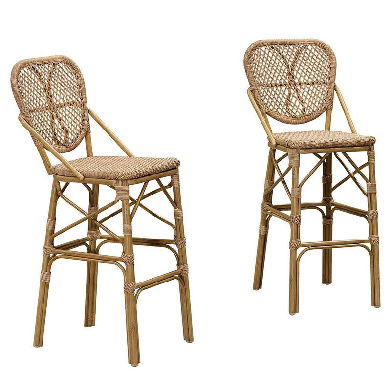 PURPLE LEAF bar stools set of 2 with white background, woven barstools made of high quality PE rattan material, good waterproof performance, imitation bamboo double tube aluminum alloy frame, sturdy and stable, brown backrests.