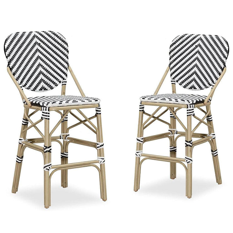 PURPLE LEAF counter stools set of 2 in White, woven bar stools made of high quality PE rattan material, good waterproof performance, imitation bamboo double-tube aluminum alloy frame, sturdy and stable, black and white striped backrests.