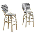 PURPLE LEAF counter stools set of 2 in White, woven bar stools made of high quality PE rattan material, good waterproof performance, imitation bamboo double-tube aluminum alloy frame, sturdy and stable, black and white striped backrests.