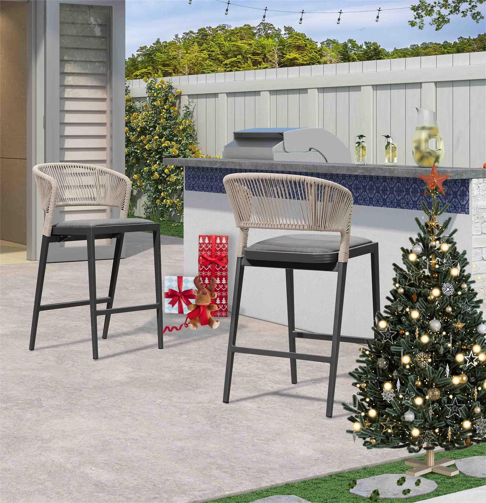 Modern Aluminum Patio Bar Stool Set | Rattan Bar Chairs