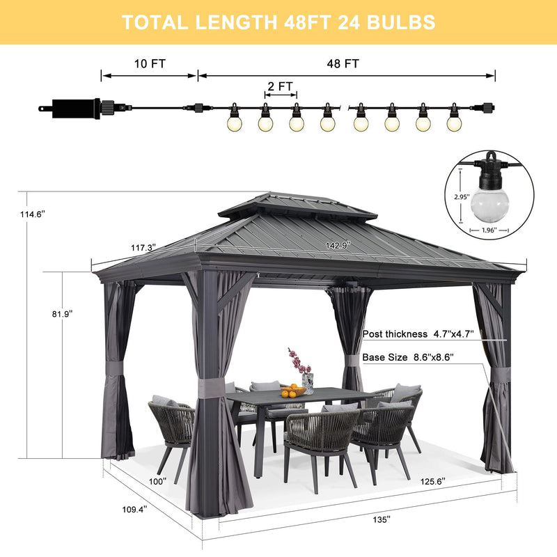 PURPLE LEAF Patio Gazebo for Backyard Grey Hardtop Galvanized Steel Roof Awning with String Lights - Purple Leaf Garden