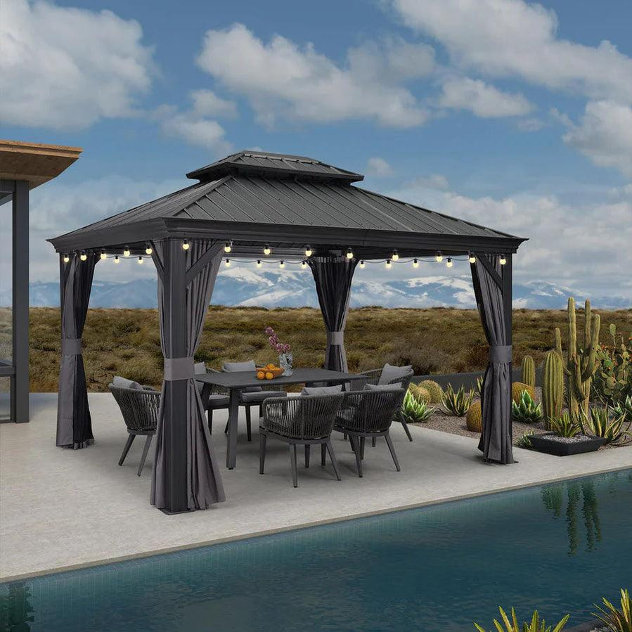 grey gazebo with lights