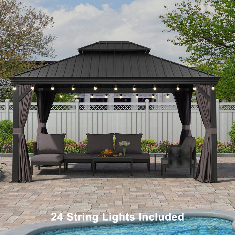 PURPLE LEAF Patio Gazebo for Backyard Grey Hardtop Galvanized Steel Roof Awning with String Lights - Purple Leaf Garden