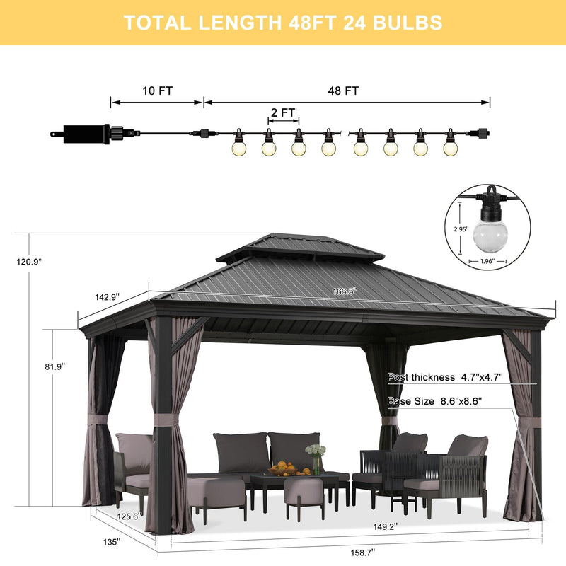 PURPLE LEAF Patio Gazebo for Backyard Grey Hardtop Galvanized Steel Roof Awning with String Lights - Purple Leaf Garden